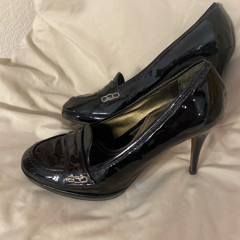 Via Spiga black patent leather platform/stiletto loafer